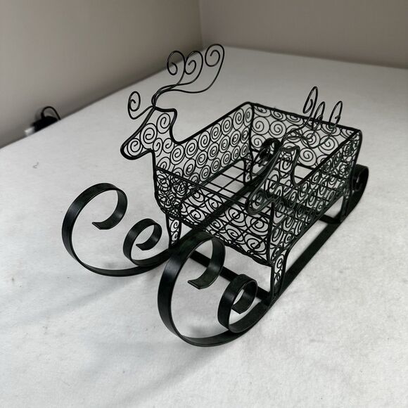 Vintage Metal Green Reindeer Sleigh Table Decor Card Holder 10" x 15" - Picture 2 of 7